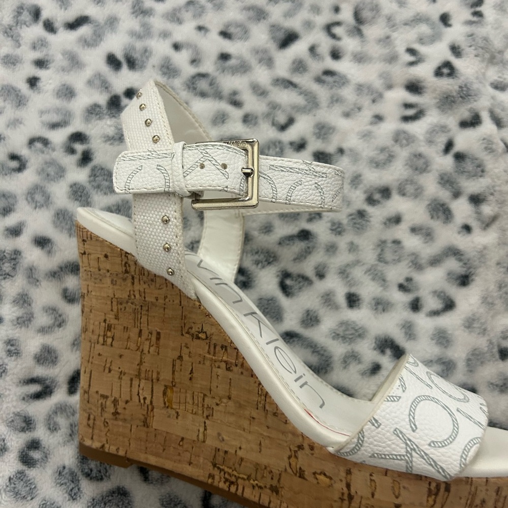 Calvin Klein White and Brown Wedge Shoes with Cork Footbed